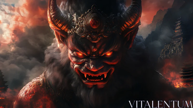 Horned demonic entity amid volcanic clouds and pagodas.