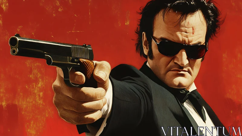 Gunman in suit levels pistol against bold red backdrop.