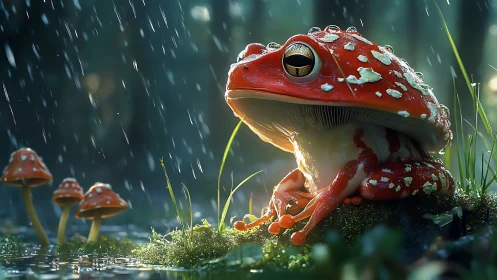 Mycological rainforest hybrid frog under volumetric rainfield.
