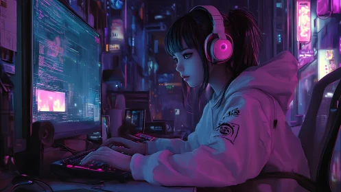 Neon lit workstation with focused gamer in cyberpunk city.