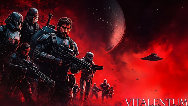 Armored soldiers advance across red nebula with planet.