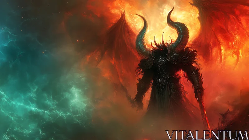 Fiery horned warlord strides through swirling cosmic storm.