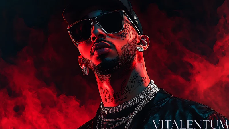 Tattooed rapper portrait against vivid red smoke backdrop