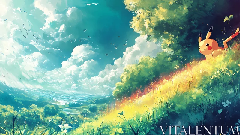 Sunny hillside wander with Pikachu under storybook skies.