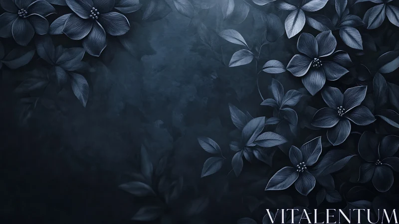 Midnight blue floral foliage forms a moody ornamental frame