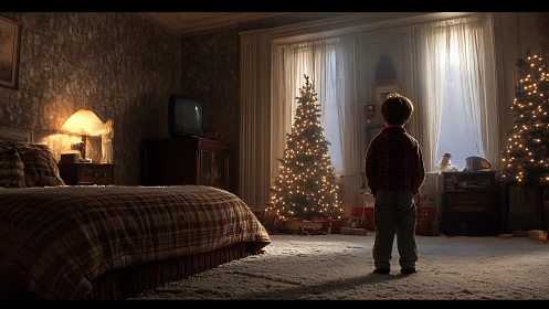 Child facing lit Christmas trees in nostalgic bedroom.