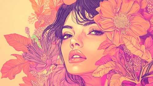 Radiant floral portrait of a dreamy woman in sunset hues.