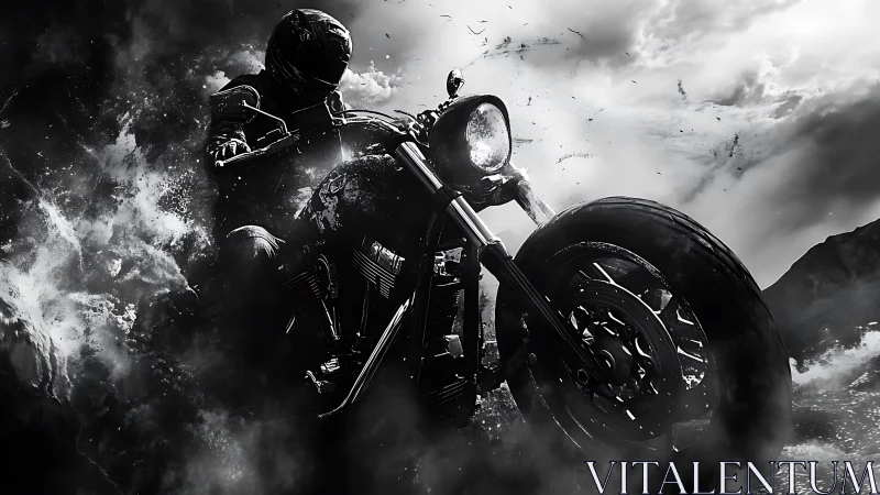 High-contrast monochrome render captures motorcycle in dynamic drift