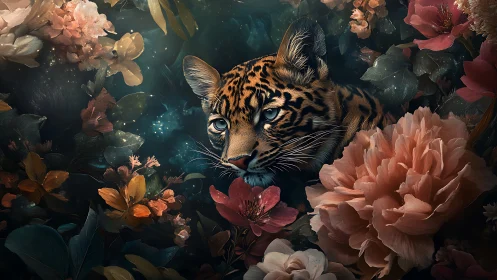 Leopard gaze emerging from lush nocturnal florals.