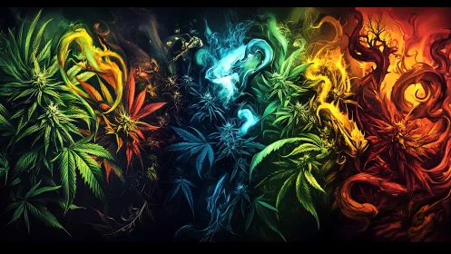 Elemental cannabis triptych in luminous digital painting style.
