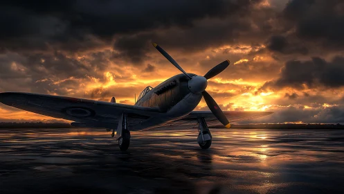 Vintage fighter plane on wet runway under dramatic sunset.
