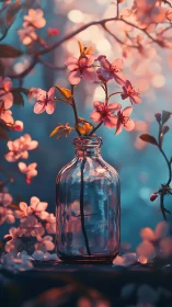 Pink Blossoms in Glass Bottle with Warm Sunlight.