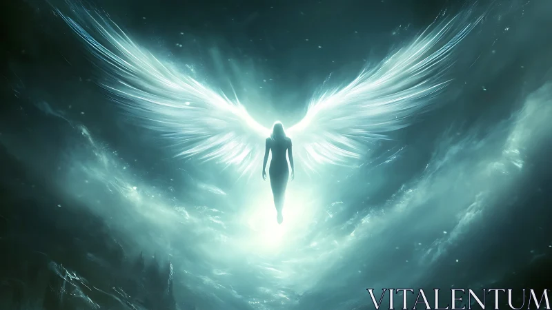 Radiant celestial angel ascending through luminous void.
