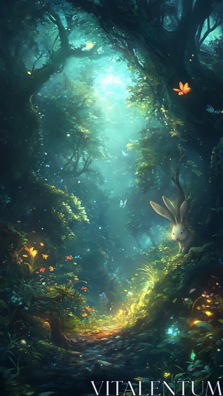 Ethereal Forest Path with Glowing Fauna and Flora