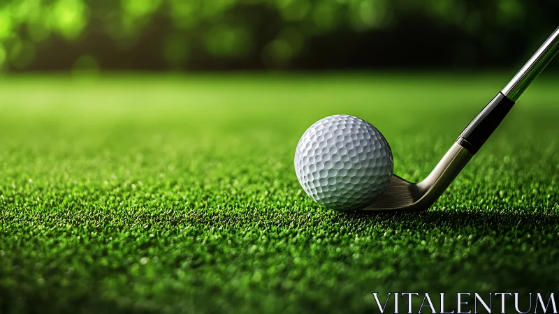 Golf ball rests near iron club on vivid green fairway