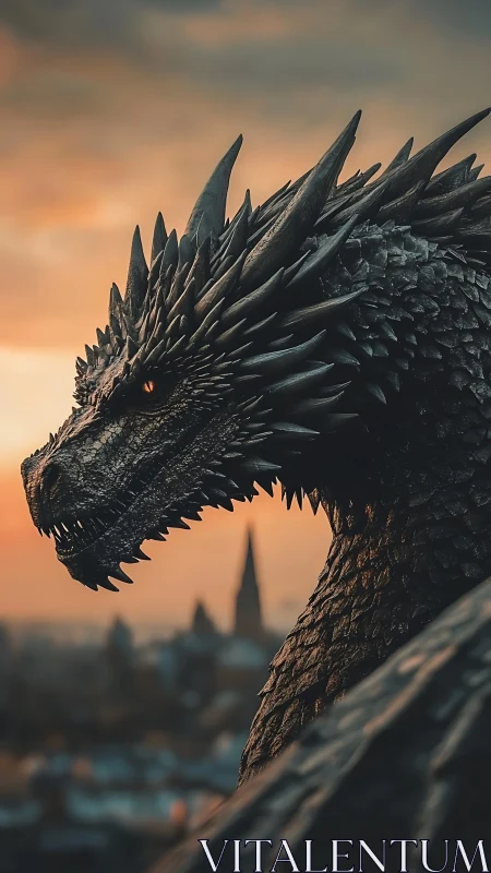 Photorealistic dragon profile with cinematic city backdrop.