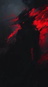 Silhouetted dark figure with red energy and obscured form.