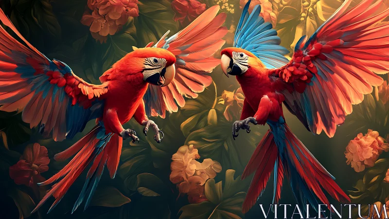 Two Vibrant Scarlet Macaws in Lush Jungle Digital Art Style.