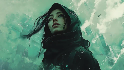 Cybernetic wanderer studies fractured skyline in teal haze