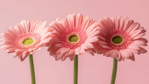 Three Pink Gerberas in Symmetrical Composition Against Gradient.