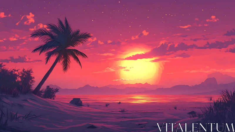 Dream-drunk palm greets a molten sherbet seaside sunset.