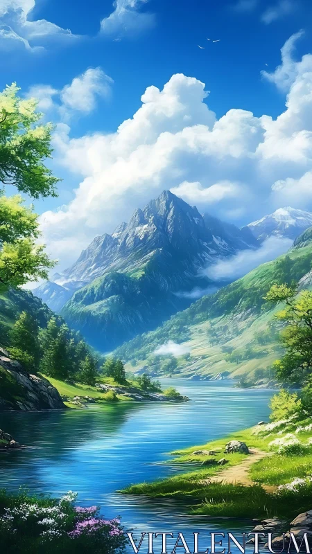 Gentle river winds through bright mountains under soft clouds