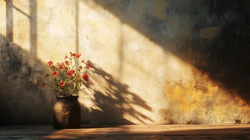 Sunlit red flowers cast long shadows on a rustic wall.