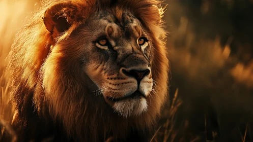 Backlit male lion rendered in warm, shallow-depth bokeh field