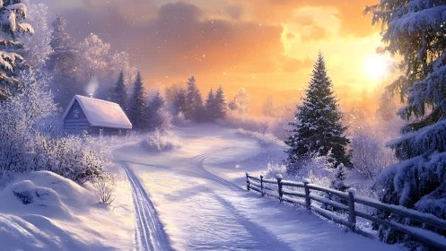 Golden winter sunrise illuminates snowbound forest cabin