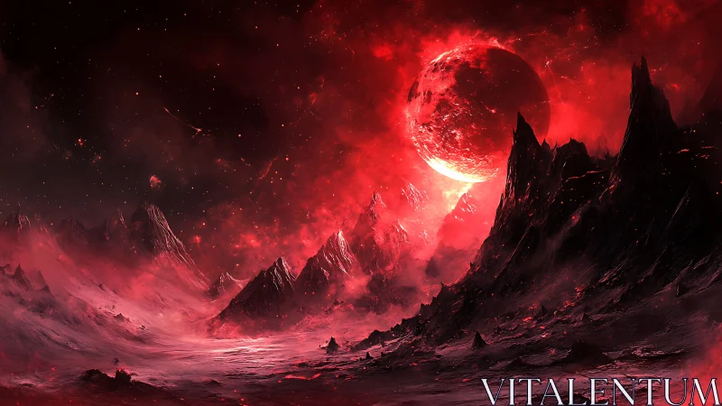 Crimson alien moonrise over jagged volcanic wasteland.