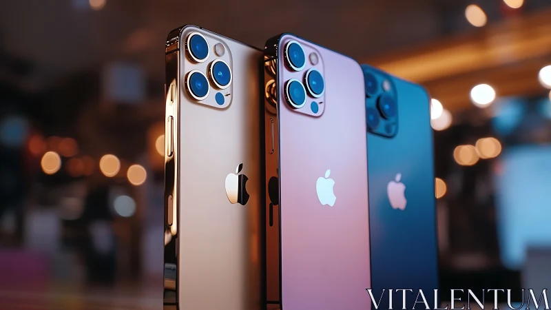 Shiny smartphones lined up in glowing, colorful city light.