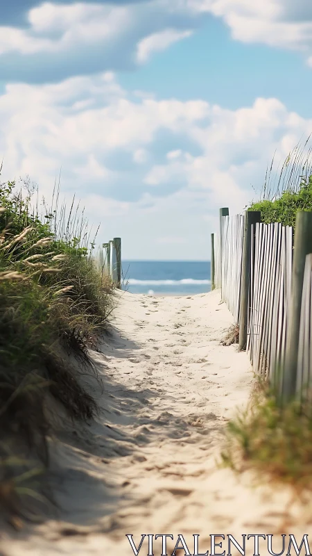 Narrow sandy dune path with weathered fence leading to calm sea
