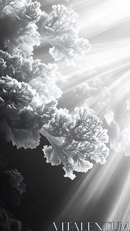 Fractal ice canopy in radiant monochrome light beams.