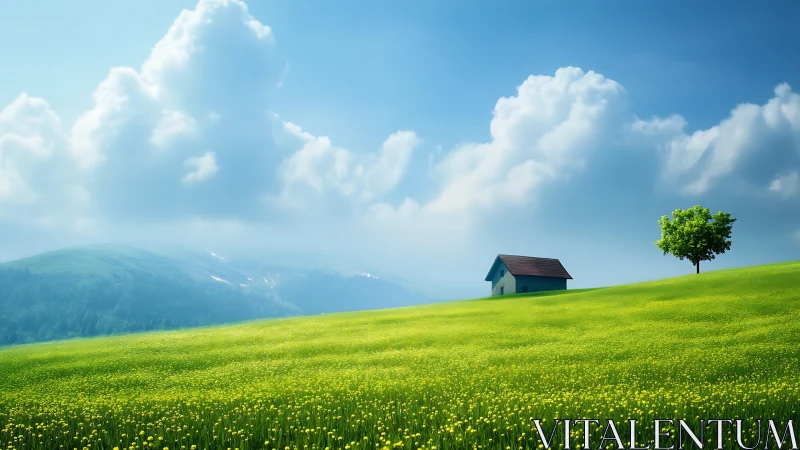 Small hilltop house drifts under a huge summer sky