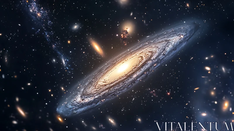 Spiral galaxy rendered with luminous core, tilted disc, dense starfield