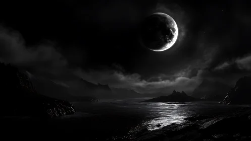 Eclipsed moonlight washes a dark alien shoreline in silver.