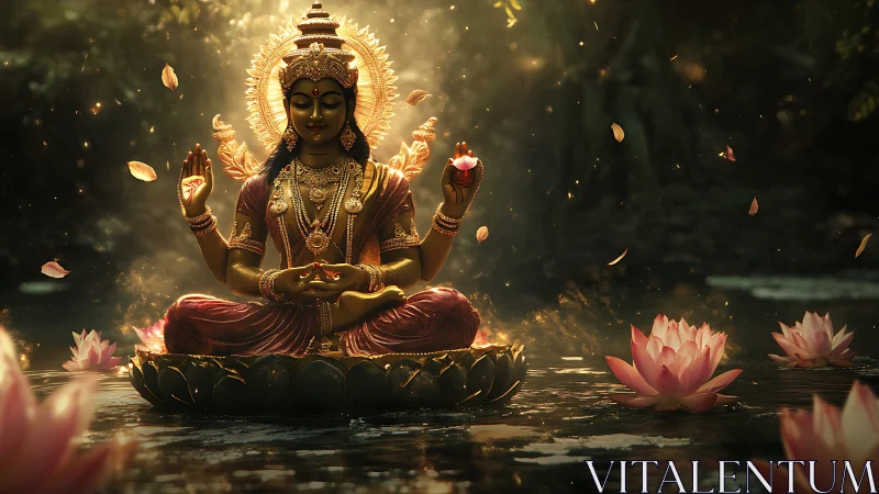 Seated lotus deity is rendered in ornate digital illumination