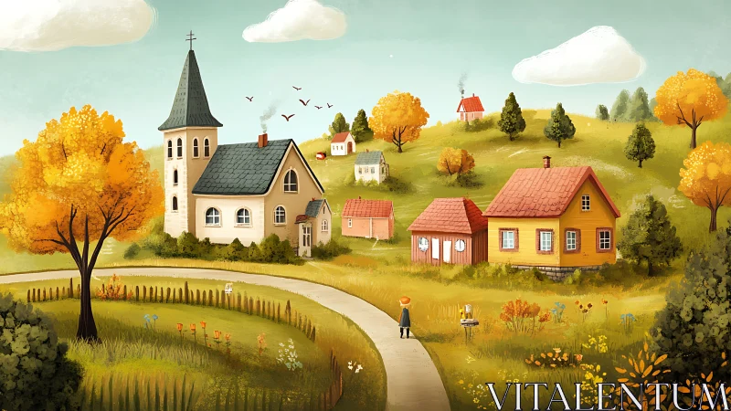 Autumn village landscape illustrates stylized rural architecture