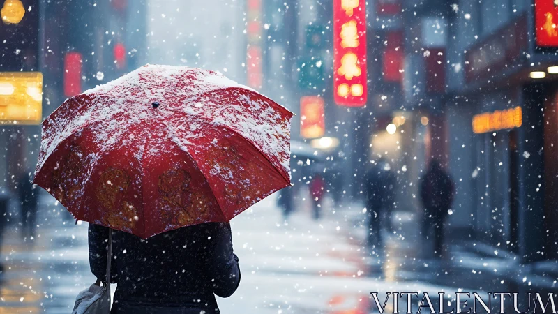 Snow-dusted red umbrella in neon-lit winter city street scene.