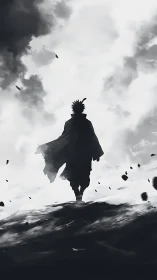 Solitary cloaked warrior ascending through storm clouds.