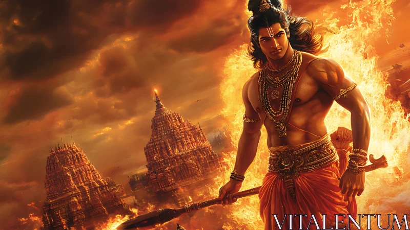 Fiery warrior strides before glowing temples under burning skies