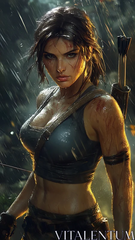 Battle-worn archer heroine under cinematic jungle rain.