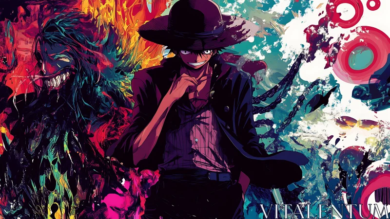 Neo-anime antagonist framed by dual chromatic chaos fields.