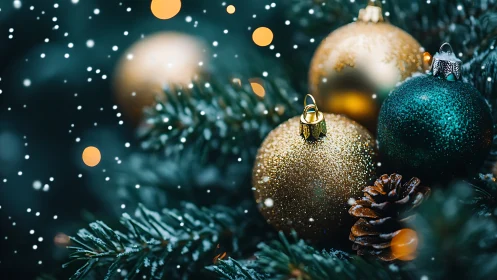 Glittered Christmas baubles on fir branches in snowfall.