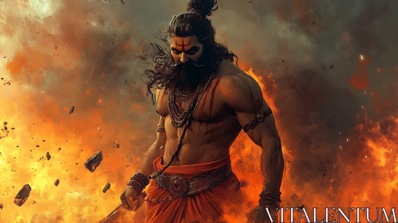 Fire-forged warrior strides through storming embers unshaken