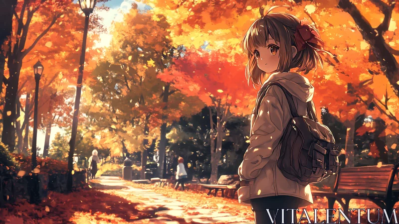 Girl with backpack walks through bright autumn park path