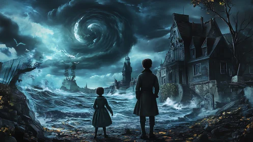 Children observing storm vortex near coastal gothic house.