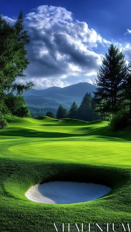 Mountain golf fairway with sand bunker under clouds.