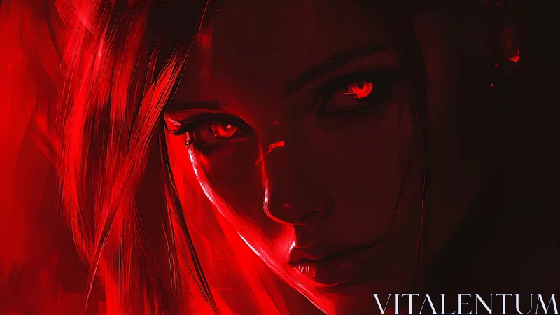 Red monochrome close portrait of woman with glowing eyes.