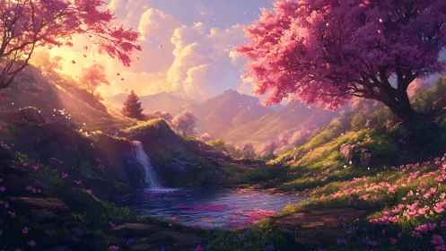 Sunlit fantasy valley with cherry blossoms and waterfall.